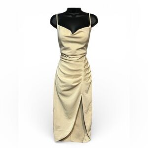 Ivory Cowl Neck Bodycon Midi Dress Built-In slip